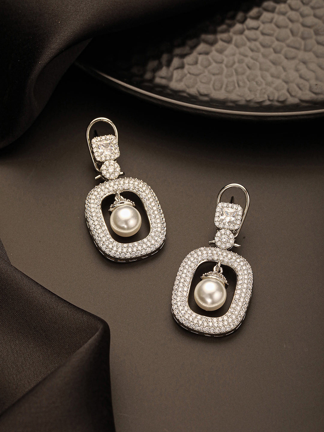 Silver Plated AD Studded Geometric Link  Pearl Charm Dangling Earrings